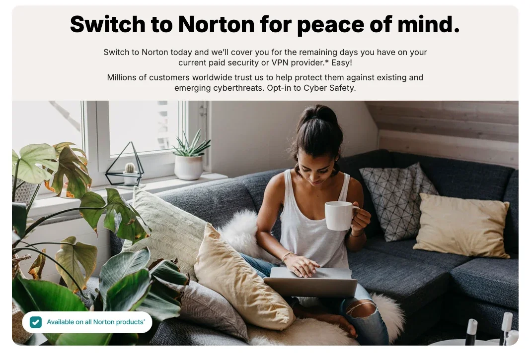 Norton switch campaign page with a headline, intro copy and a lifestyle photograph
