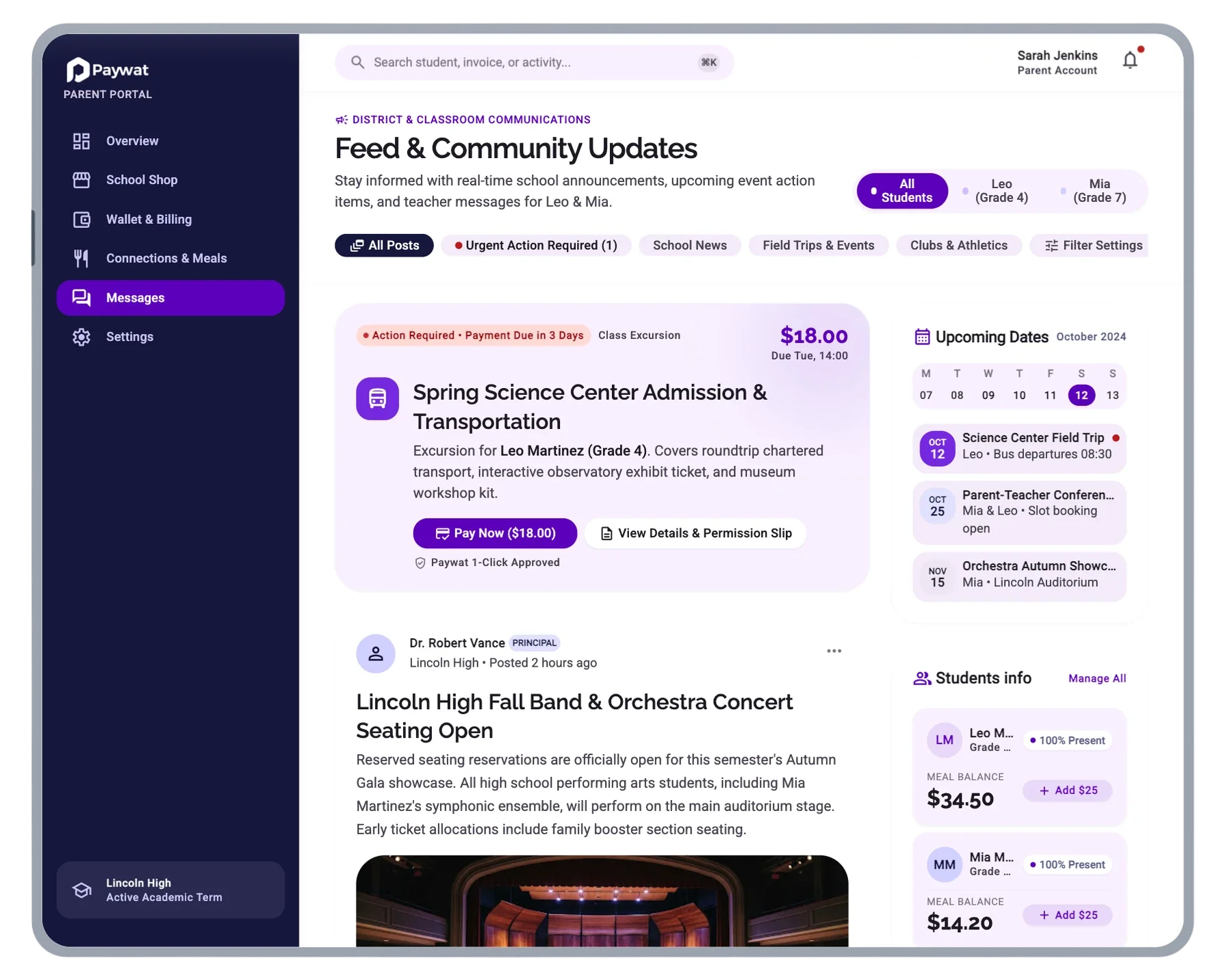 Paywat parent portal Feed and Community Updates on desktop, with an action-required payment card, upcoming dates and student meal balances