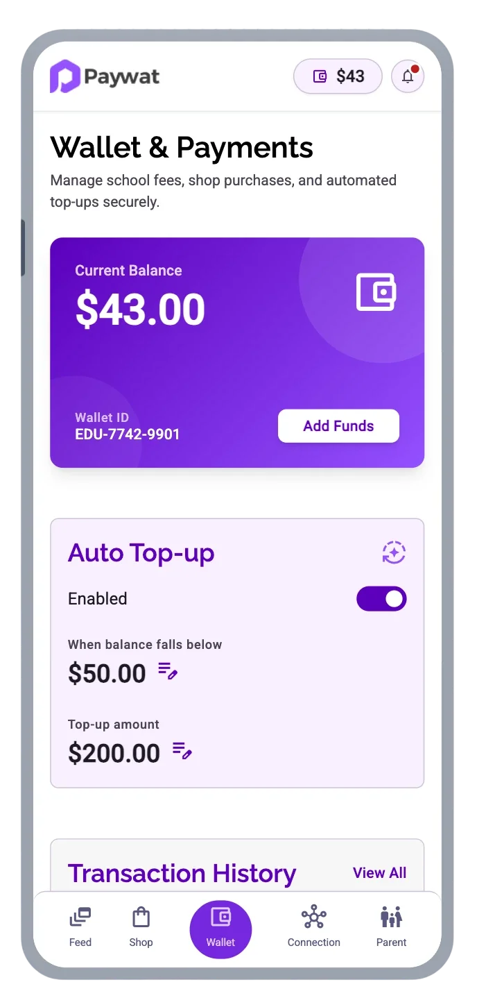 Paywat mobile Wallet and Payments screen with current balance, add funds and auto top-up settings