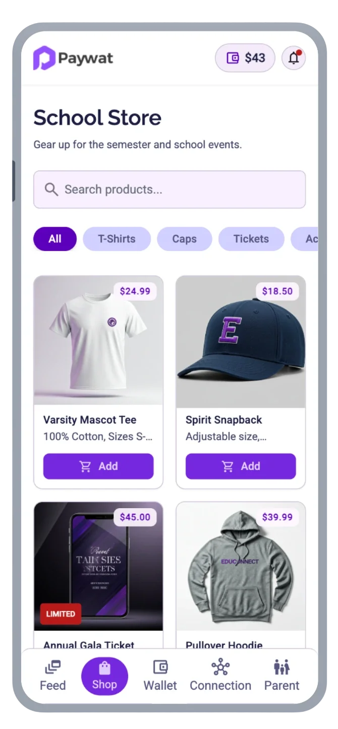 Paywat mobile School Store with search, category chips and product cards