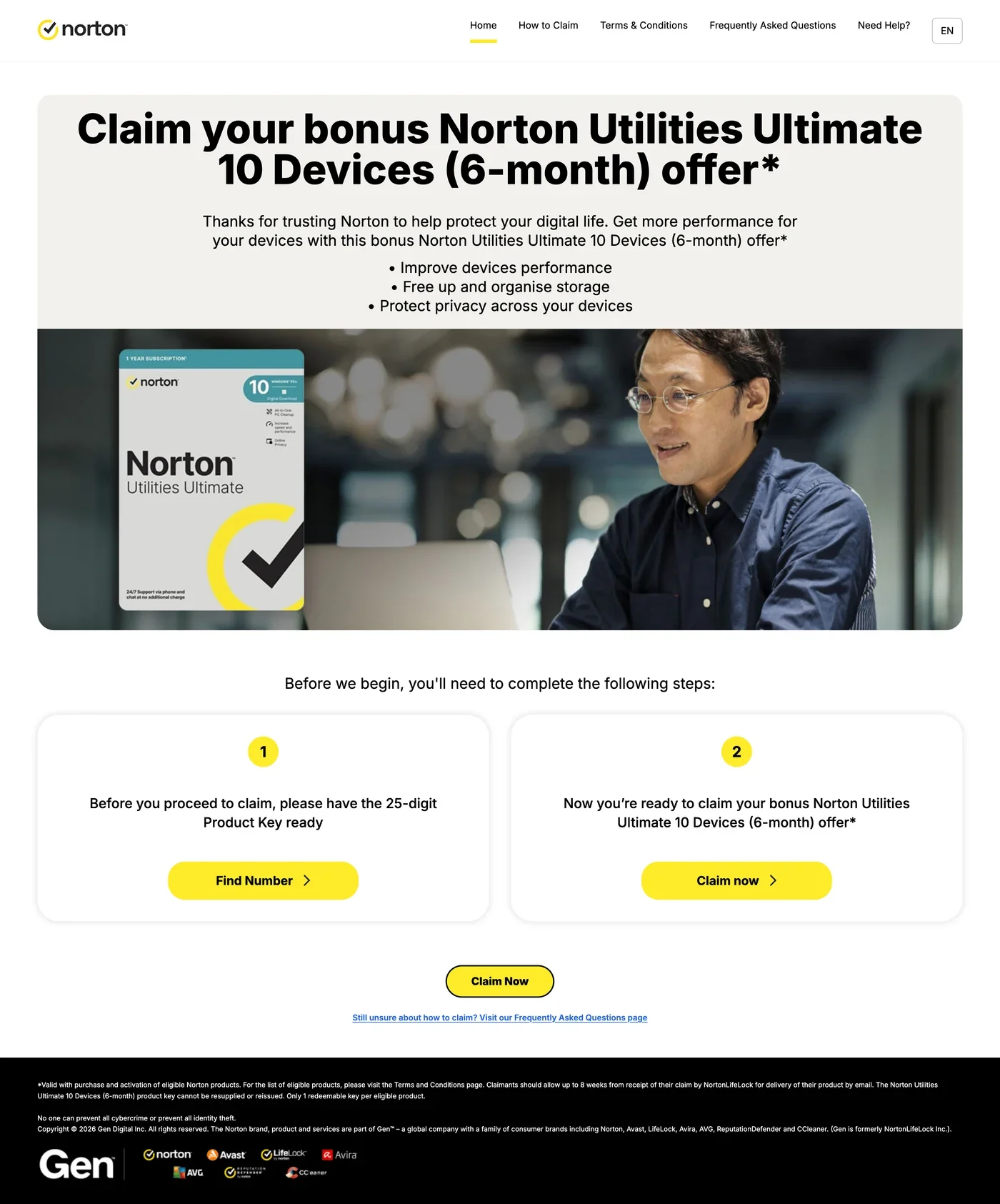 Norton bonus offer page for the Hong Kong region in English, with two numbered steps
